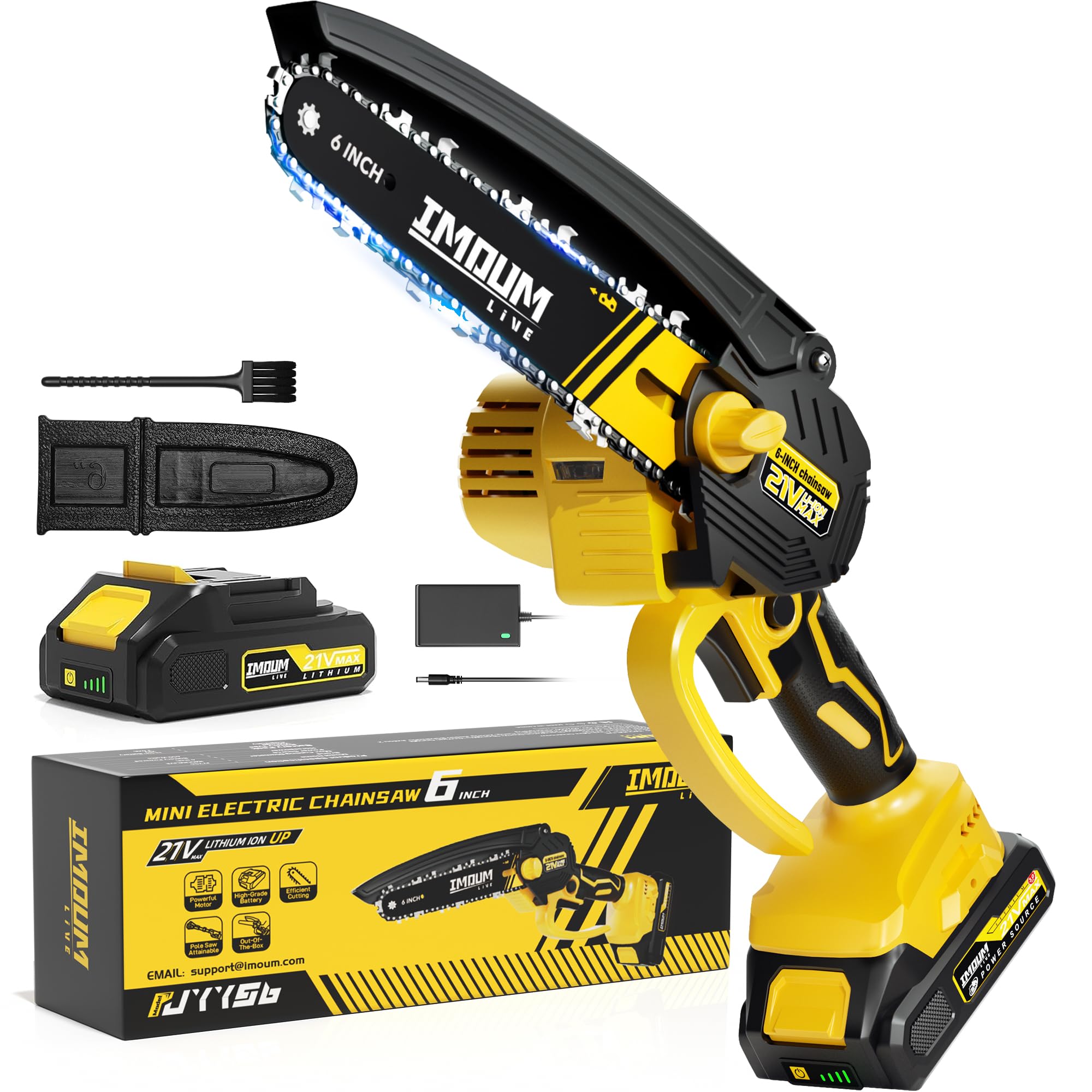 IMOUMLIVE 6-inch mini cordless chainsaw in hand for precise pruning