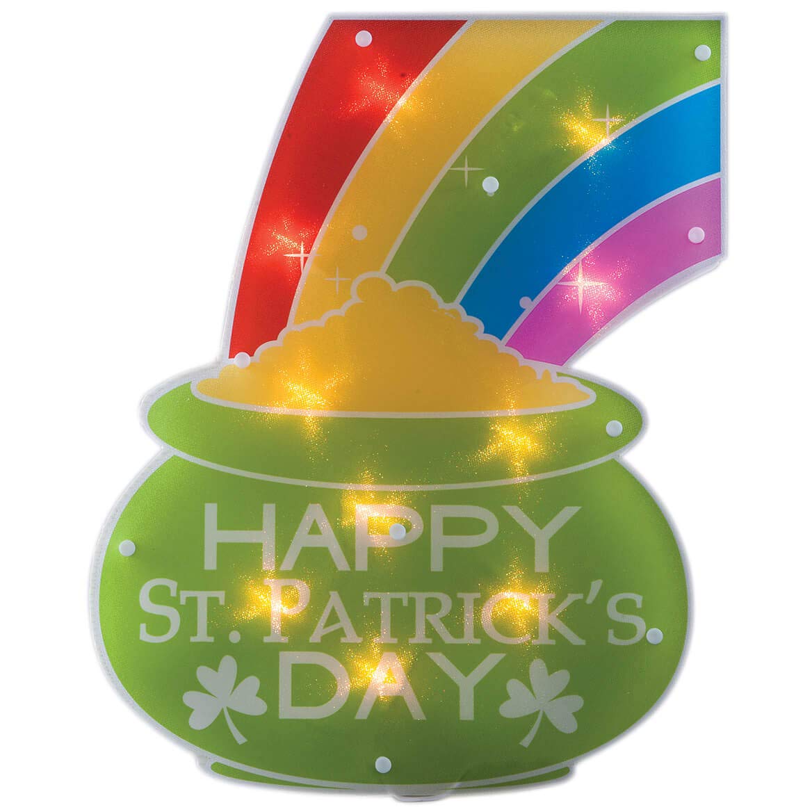 Impact Innovations Pot of Gold window decoration with rainbow glow for festive display.
