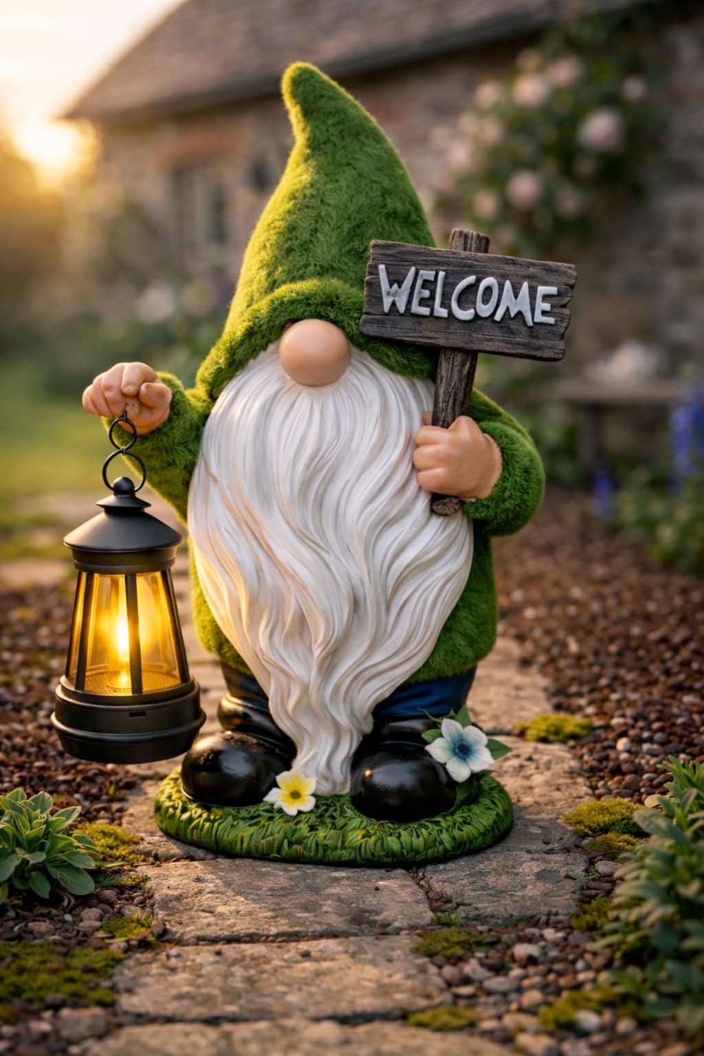 IMPECCABLE GOODS garden gnome with LED lantern illuminating outdoor spaces