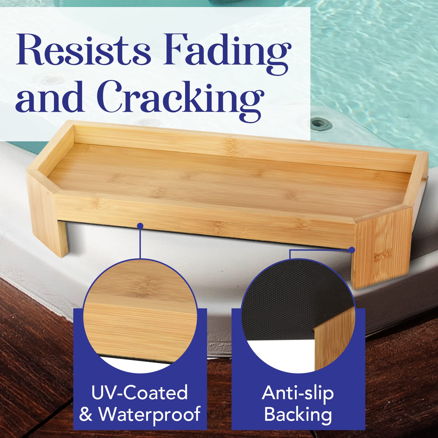Anti-slip backing keeps the IMPRESA tray stable beside the hot tub.