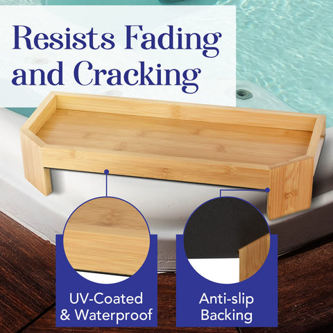 Anti-slip backing keeps the IMPRESA tray stable beside the hot tub.