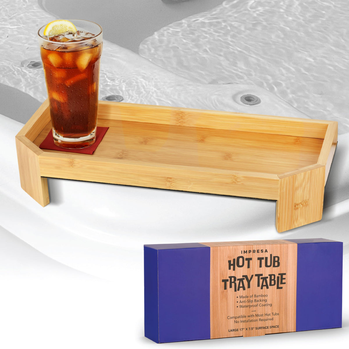 IMPRESA Bamboo Hot Tub Tray Table provides a stylish surface for drinks and snacks.