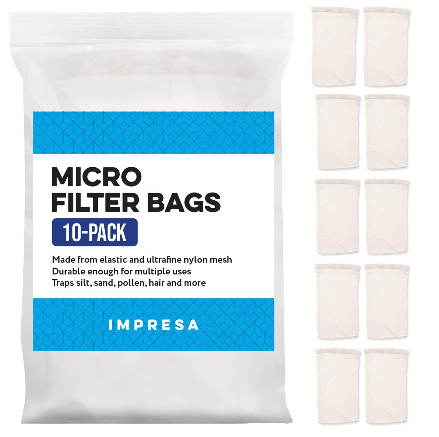 IMPRESA fine mesh pool vacuum bags capturing sand and silt for clearer water.