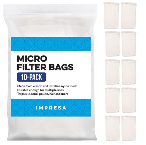 IMPRESA fine mesh pool vacuum bags capturing sand and silt for clearer water.