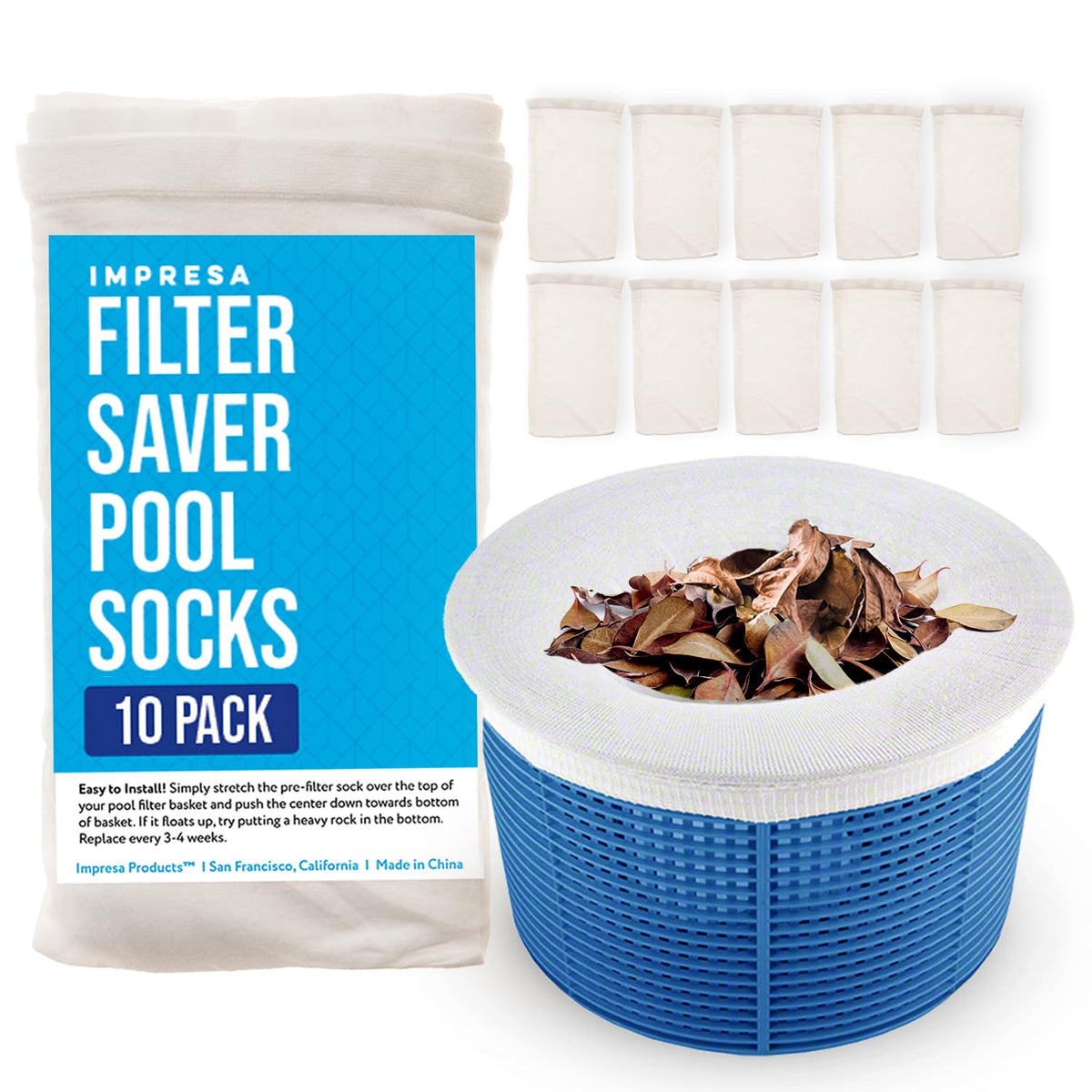 IMPRESA Pool Skimmer Socks 10-pack leaves captured for a cleaner pool.