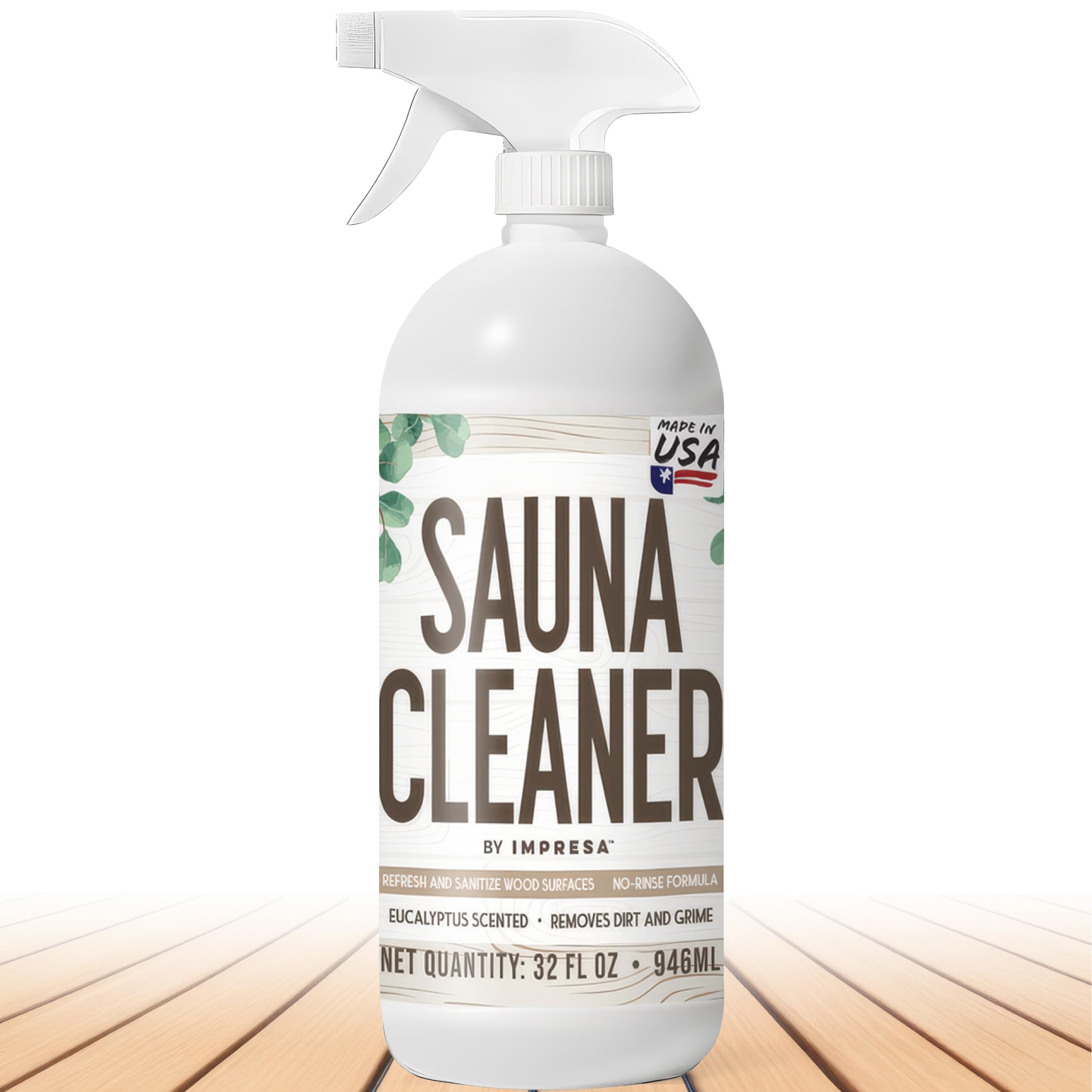 IMPRESA sauna cleaner bottle ready to refresh wooden surfaces.