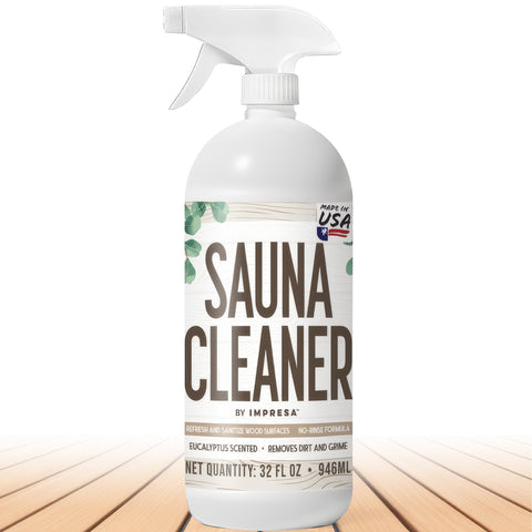 IMPRESA sauna cleaner bottle ready to refresh wooden surfaces.