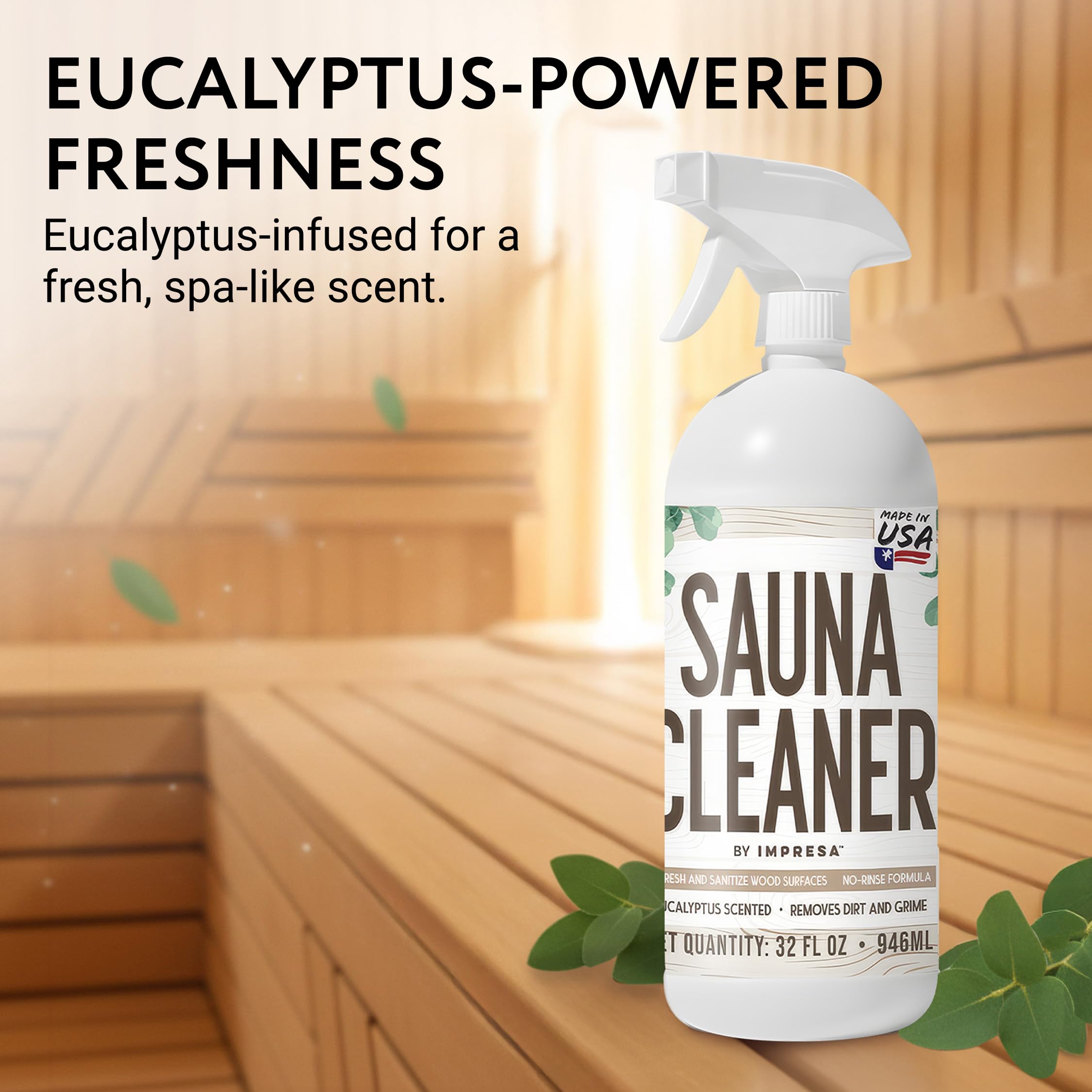 IMPRESA sauna cleaner spray application on wood bench for easy cleaning.
