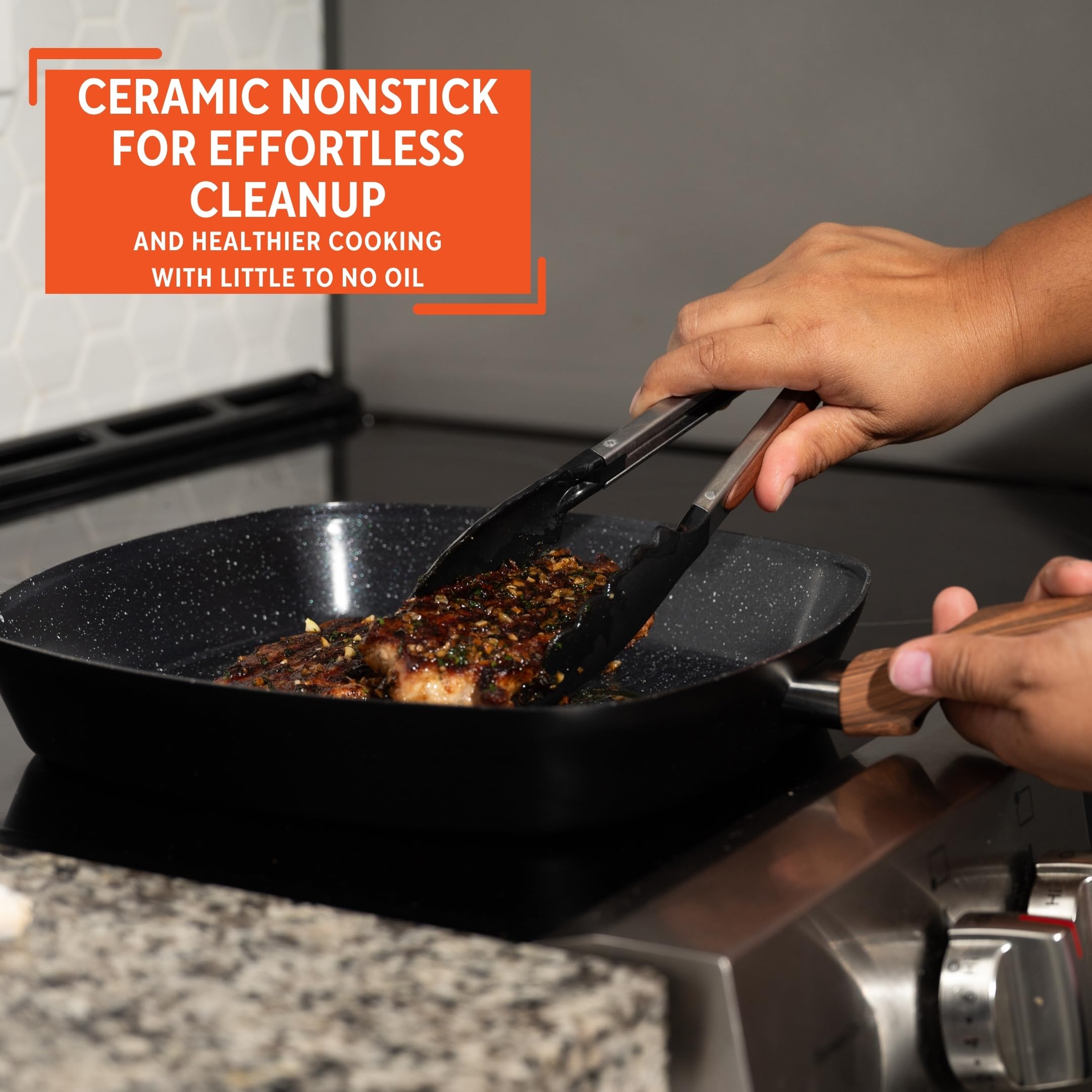 IMUSA woodlook cool-touch handle provides a safe grip while cooking.