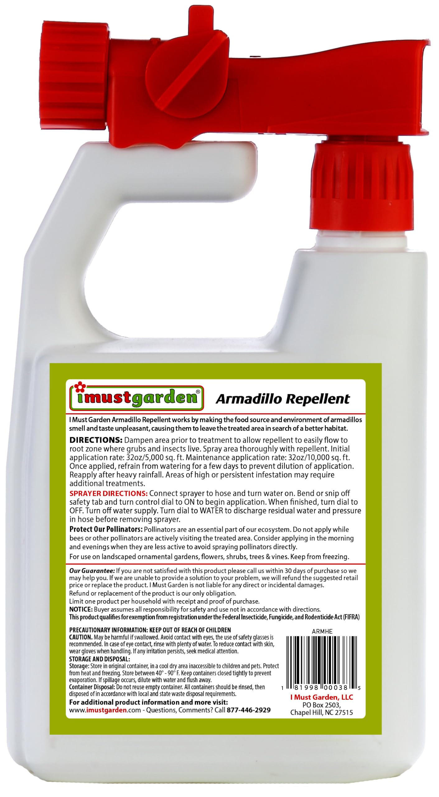 IMUSTGARDEN Armadillo Repellent hose-end-attachment allows easy hose connection for quick spraying.