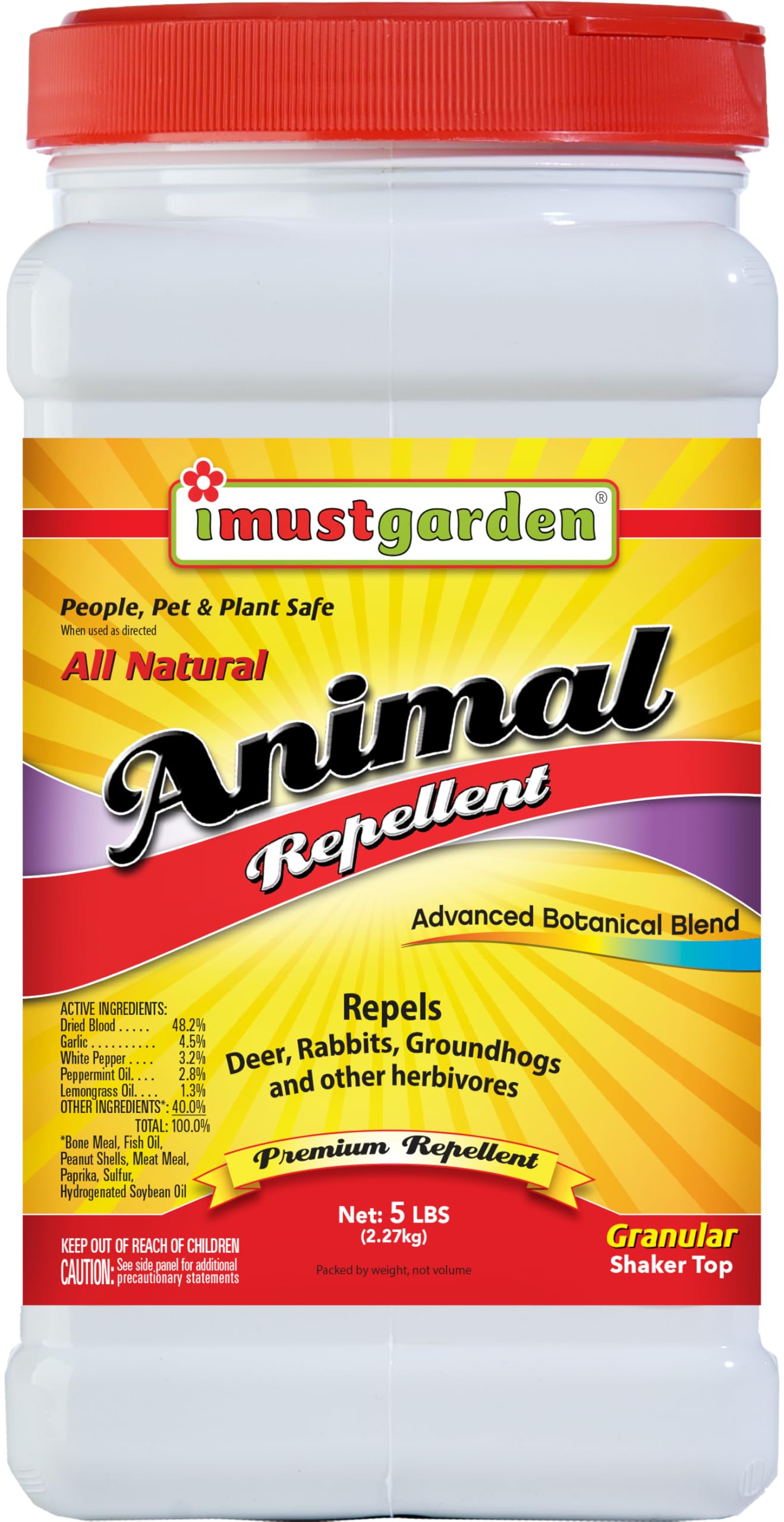 IMUSTGARDEN deer, rabbit, and groundhog repellent granules protecting garden beds from wildlife nibbling