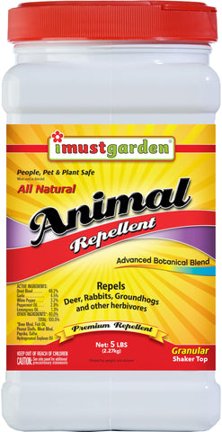 IMUSTGARDEN deer, rabbit, and groundhog repellent granules protecting garden beds from wildlife nibbling
