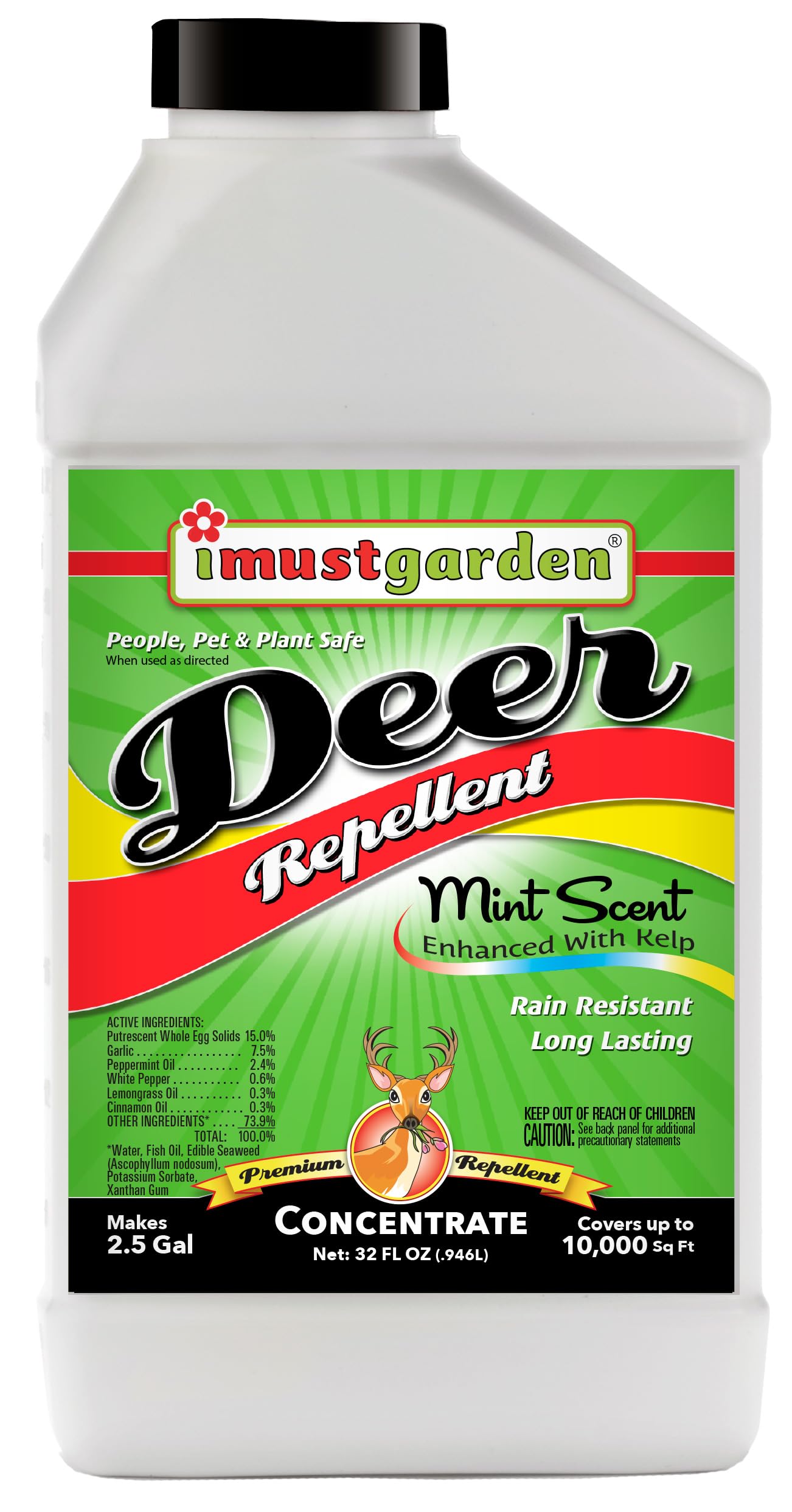 IMUSTGARDEN deer repellent concentrate 32oz bottle protects garden plants.