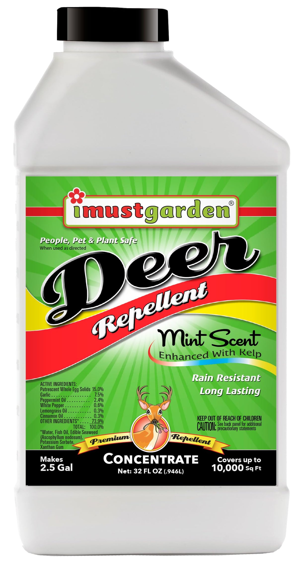 IMUSTGARDEN deer repellent concentrate 32oz bottle protects garden plants.
