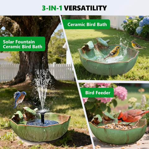 Inanil outdoor patio garden decor scene with bird bath on sunny deck.