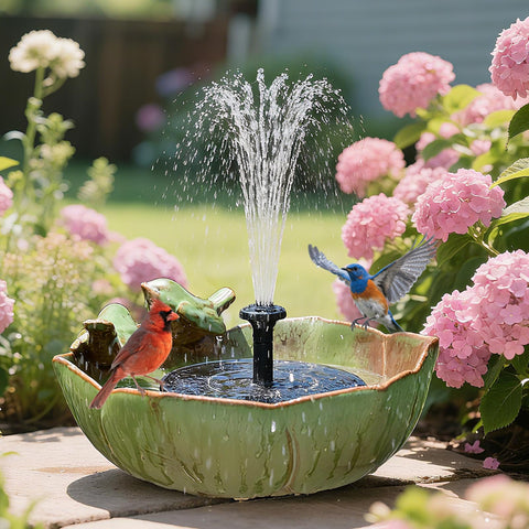 Inanil solar fountain ceramic bird bath table top in sunlight attracting birds for drinking and bathing.