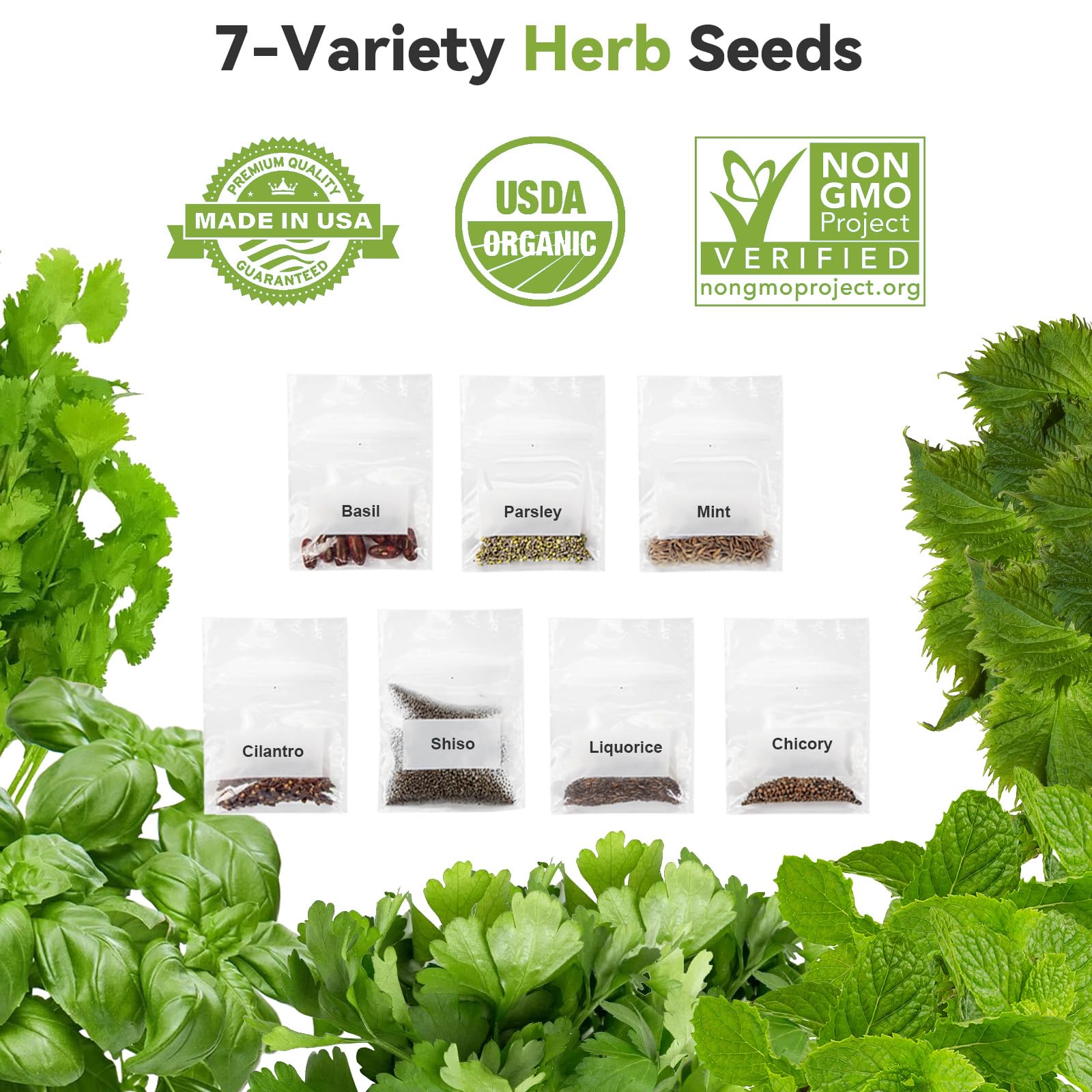 InBloom heirloom seeds mix including basil and cilantro for fragrant, fast-growing greens.
