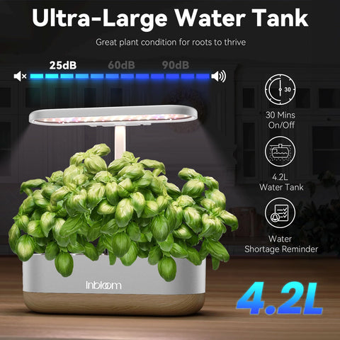 inbloom automatic timer and water alarm, hands-off scheduling and hydration alerts.