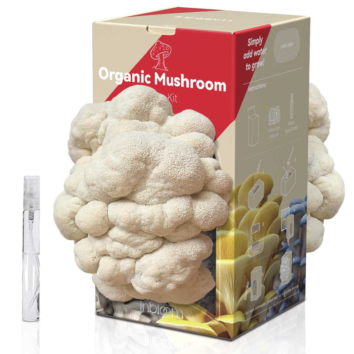 inbloom lion's mane growing kit front view for home mushroom cultivation