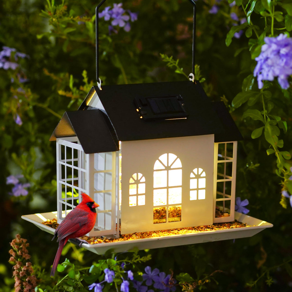 inBoboli Solar Bird Feeder House hanging creates a welcoming garden focal point for backyard birds.