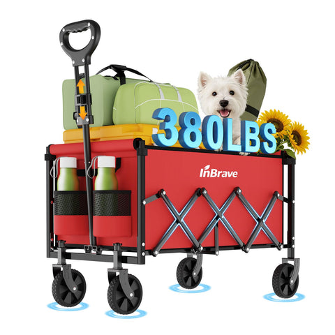 InBrave collapsible wagon-380lbs-capacity on sand, ideal for beach gear and groceries.