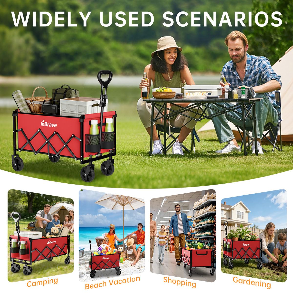 InBrave collapsible wagon-multipurpose-use illustrates shopping, gardening, camping versatility.