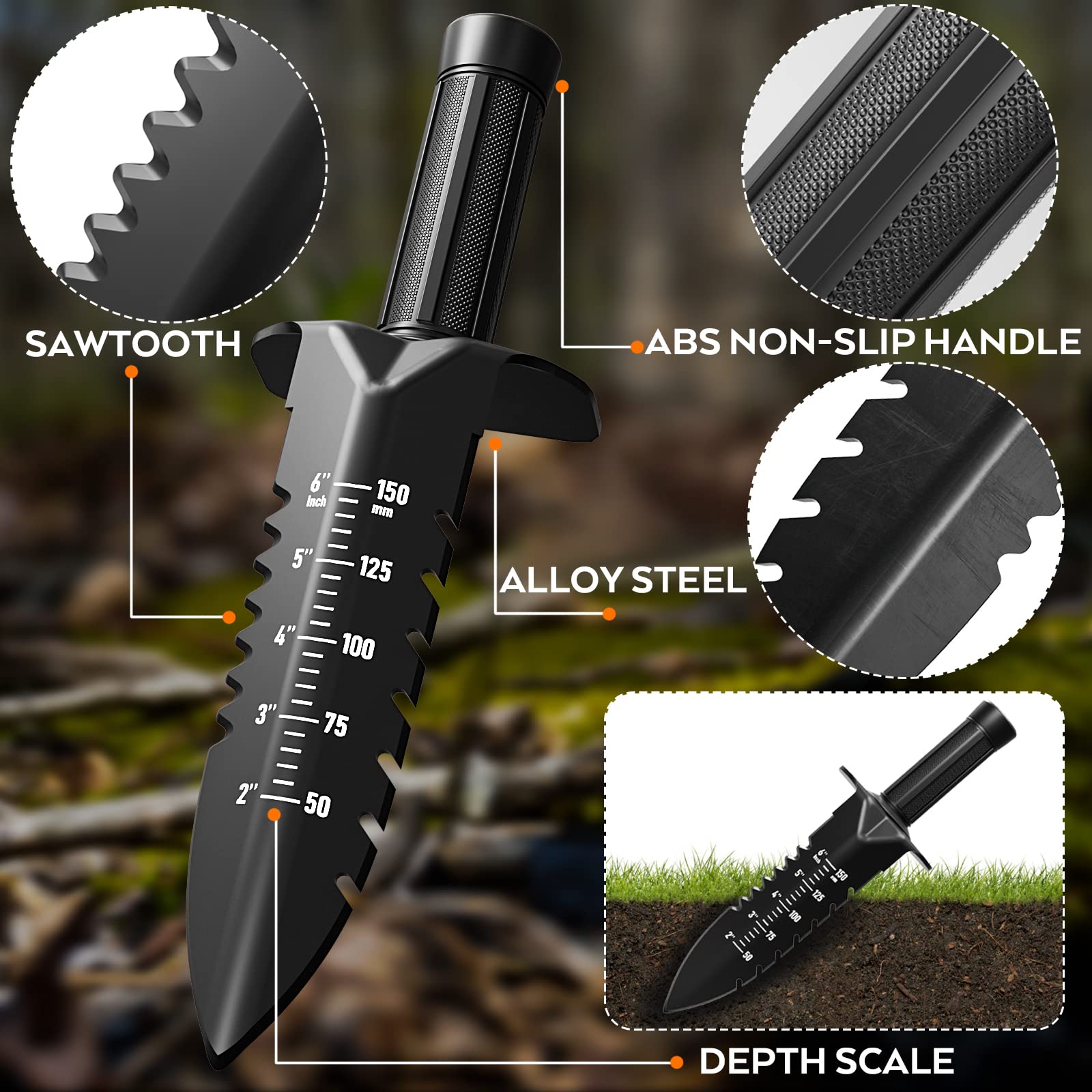 INCLY 6-inch scale on concave blade for accurate soil depth measurement