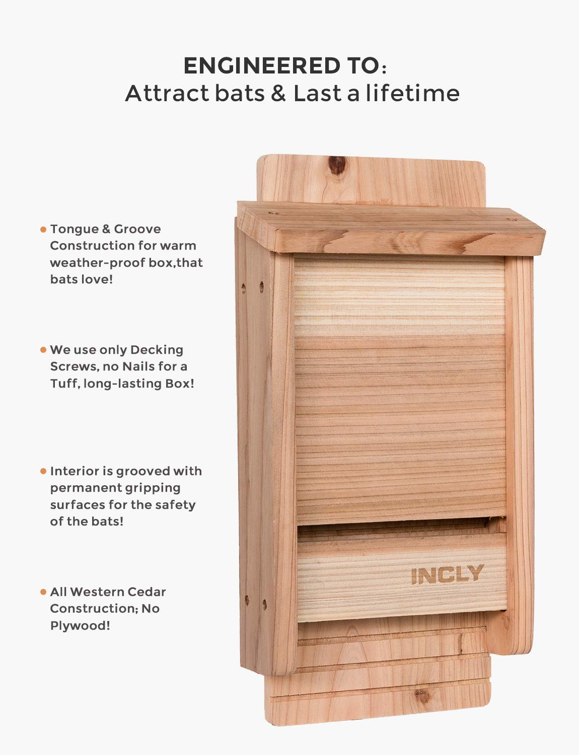 INCLY bat house interior with grooved landing for easy bat grip.