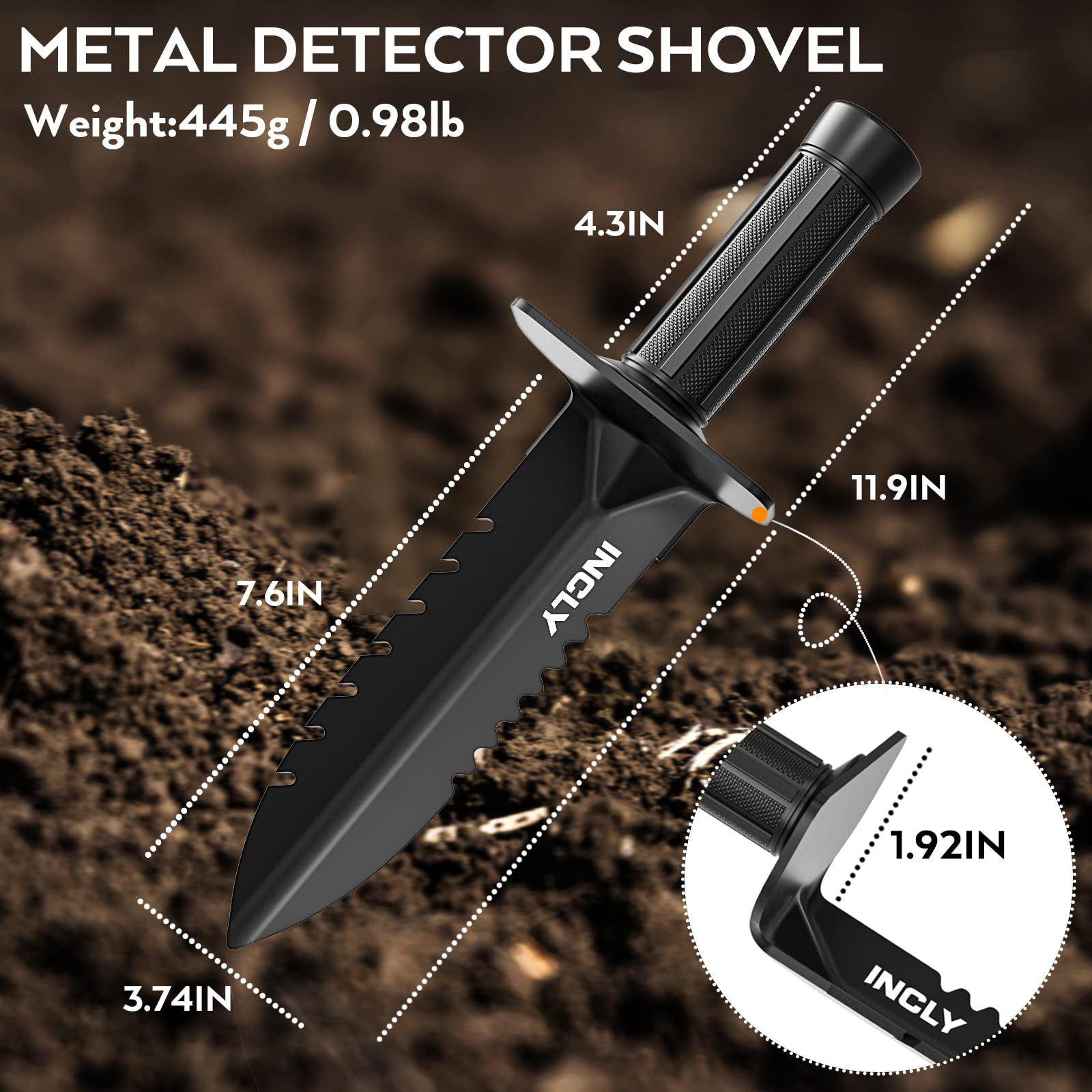 INCLY ergonomic handle emphasizing comfortable grip during long digging sessions