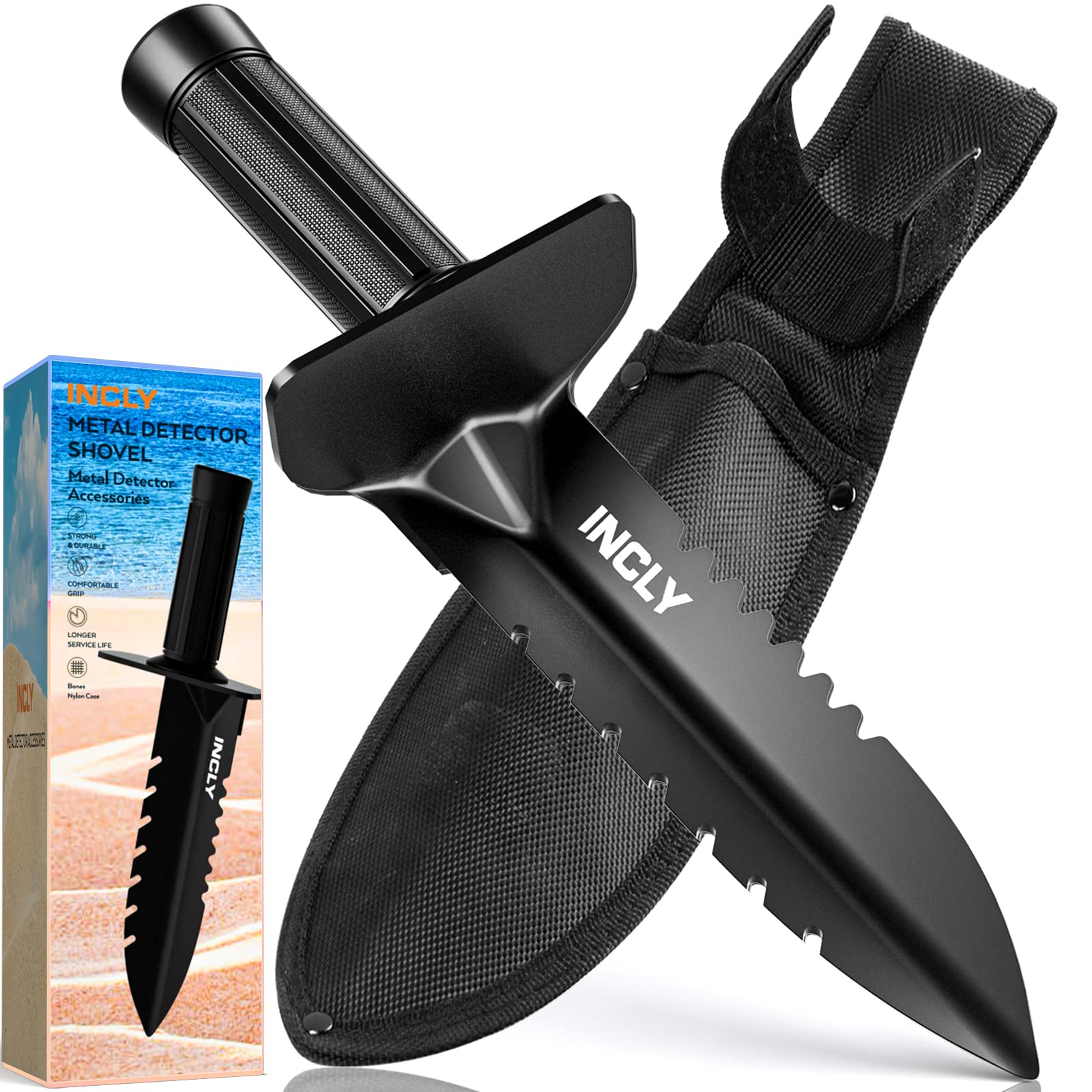INCLY metal detector shovel with double-serrated edge for tough roots cutting