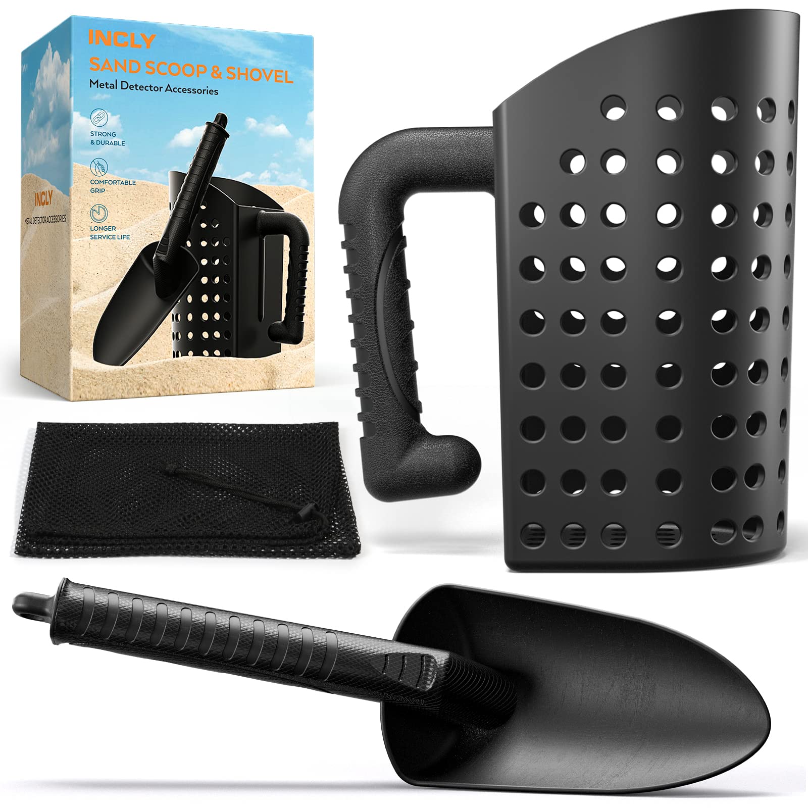 INCLY Sand Scoop & Shovel on the beach ready for treasure hunting and easy sifting.