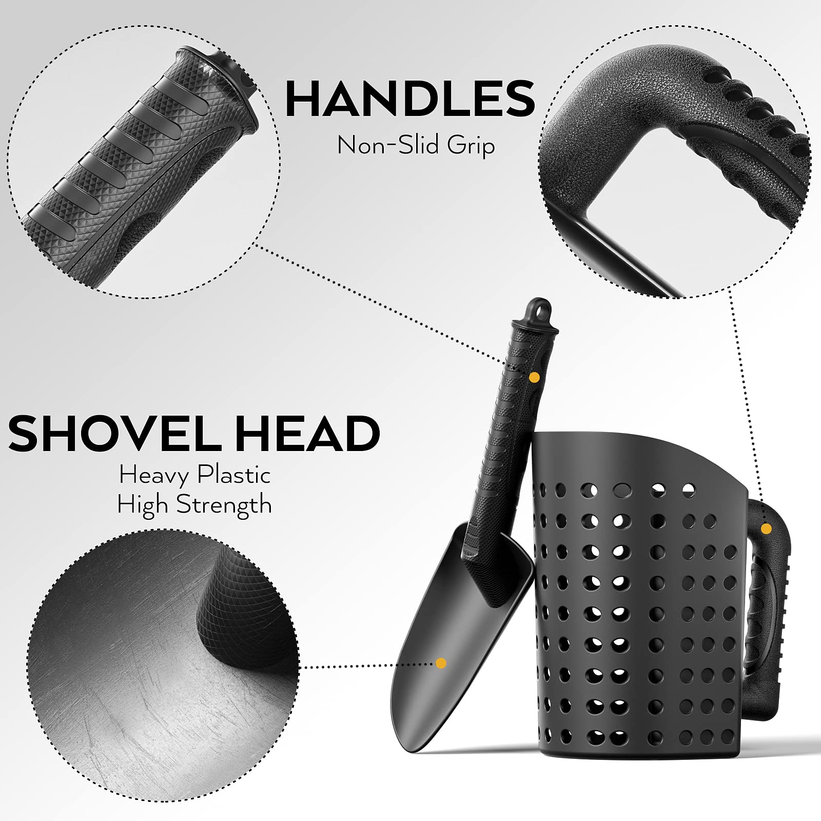 INCLY sand scoop showing 129 holes for fast sand sorting on site.
