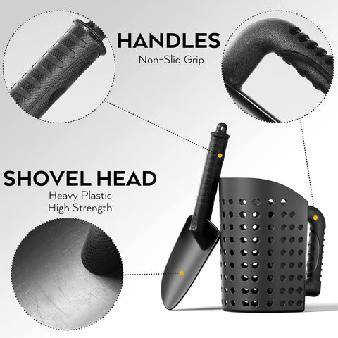 INCLY sand scoop showing 129 holes for fast sand sorting on site.