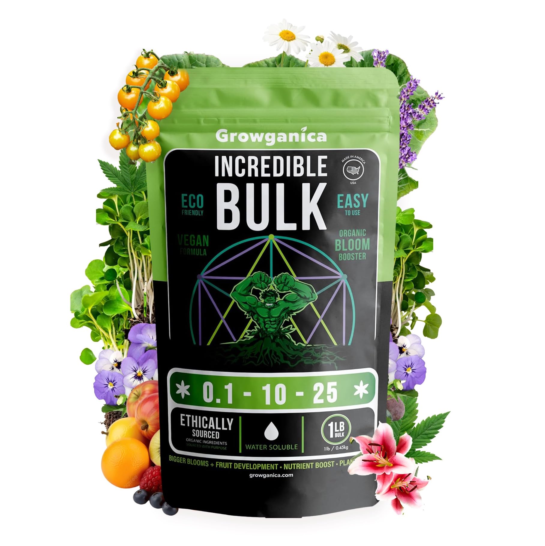 Incredible Bulk Organic Bloom Booster bottle front with label for easy garden nutrition and vibrant blooms