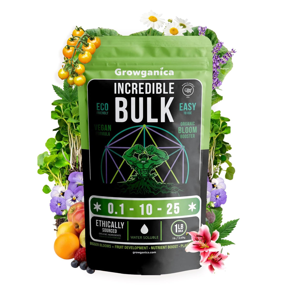 Incredible Bulk Organic Bloom Booster bottle front with label for easy garden nutrition and vibrant blooms