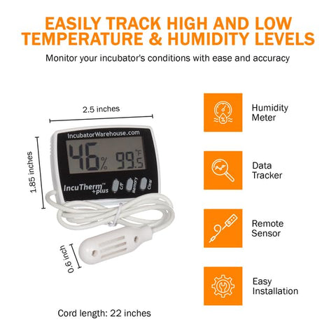 IncuTherm Plus min/max memory logs temperature and humidity trends during incubation.