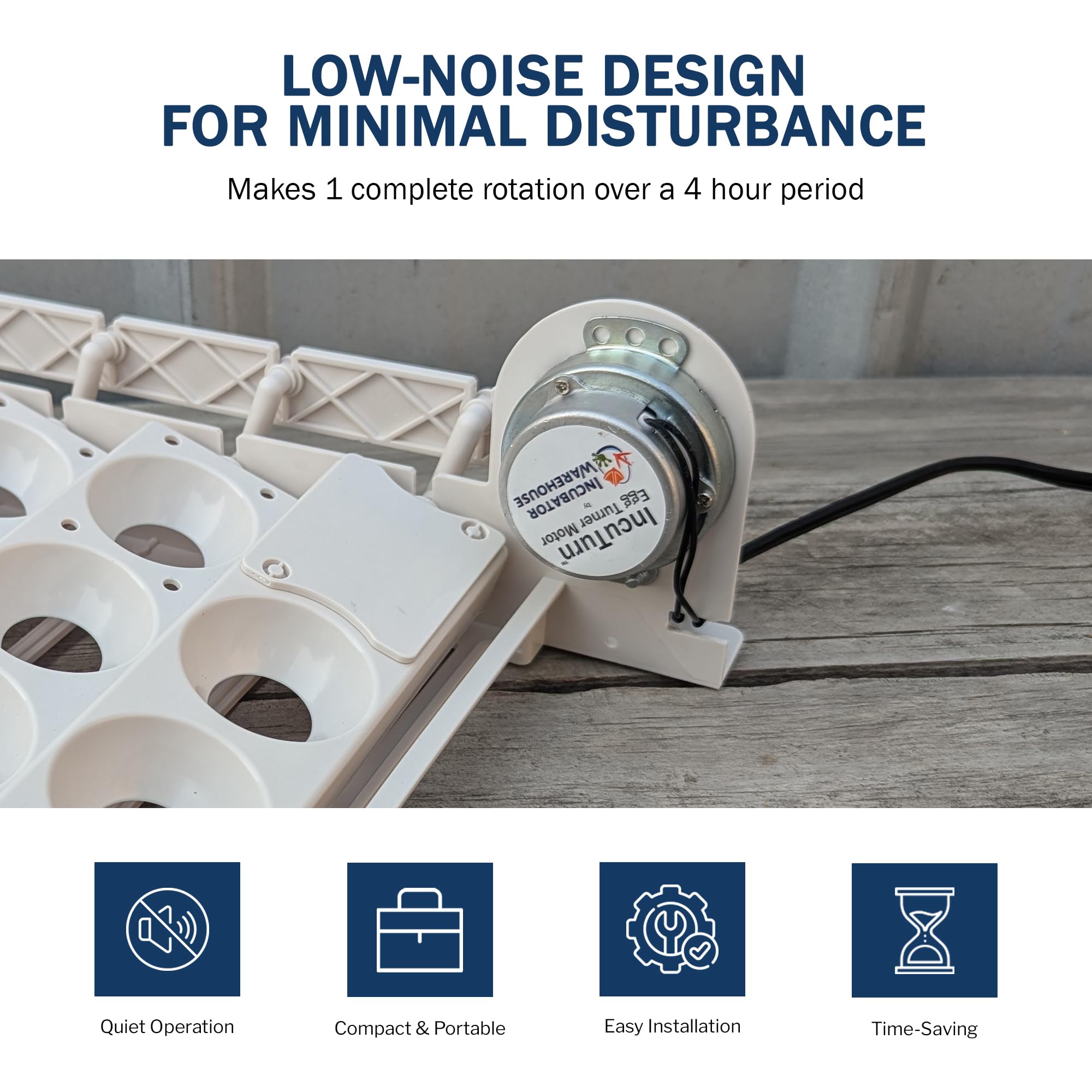 Incubator Warehouse low-power egg turner motor enabling efficient rotation.
