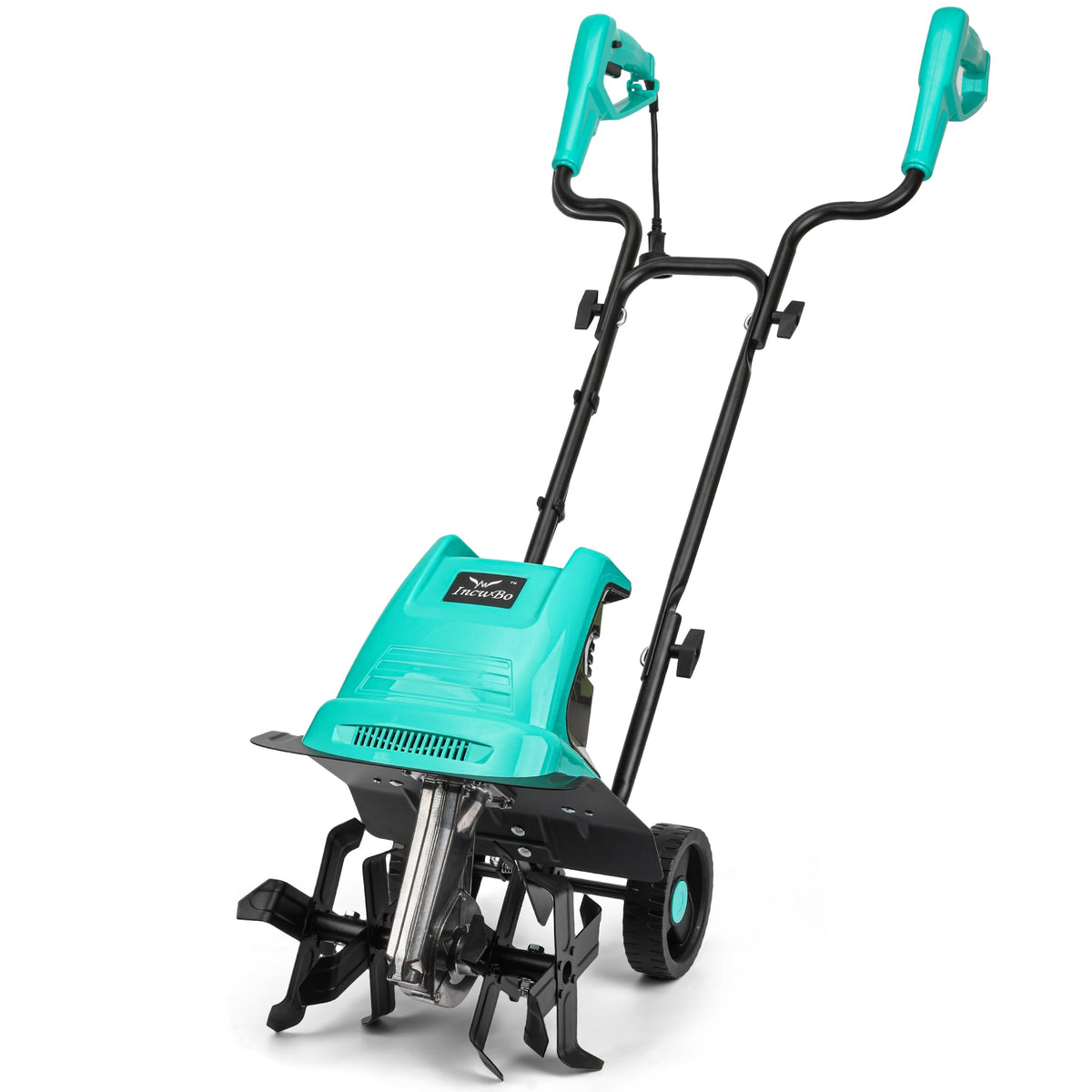 IncwBo electric rototiller shows 12-inch tilling width in a garden bed