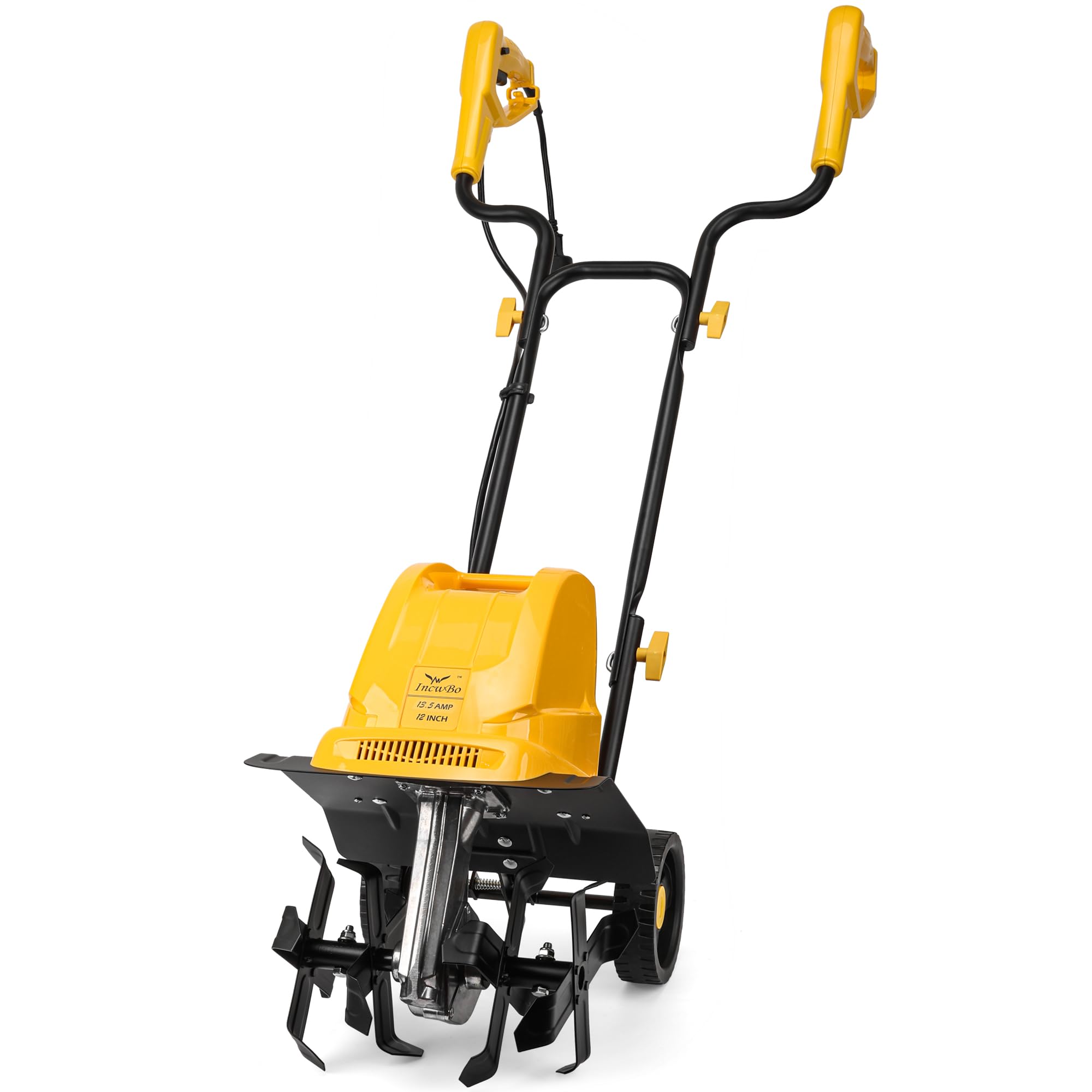 IncwBo electric tiller with four steel tines for efficient soil prep.