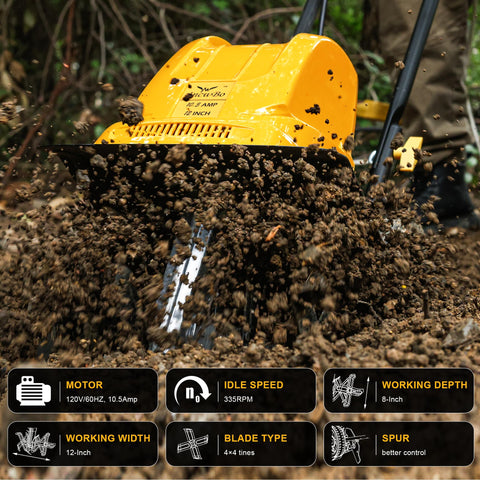 IncwBo rototiller shows 8-inch tilling depth for deep soil preparation in garden beds.