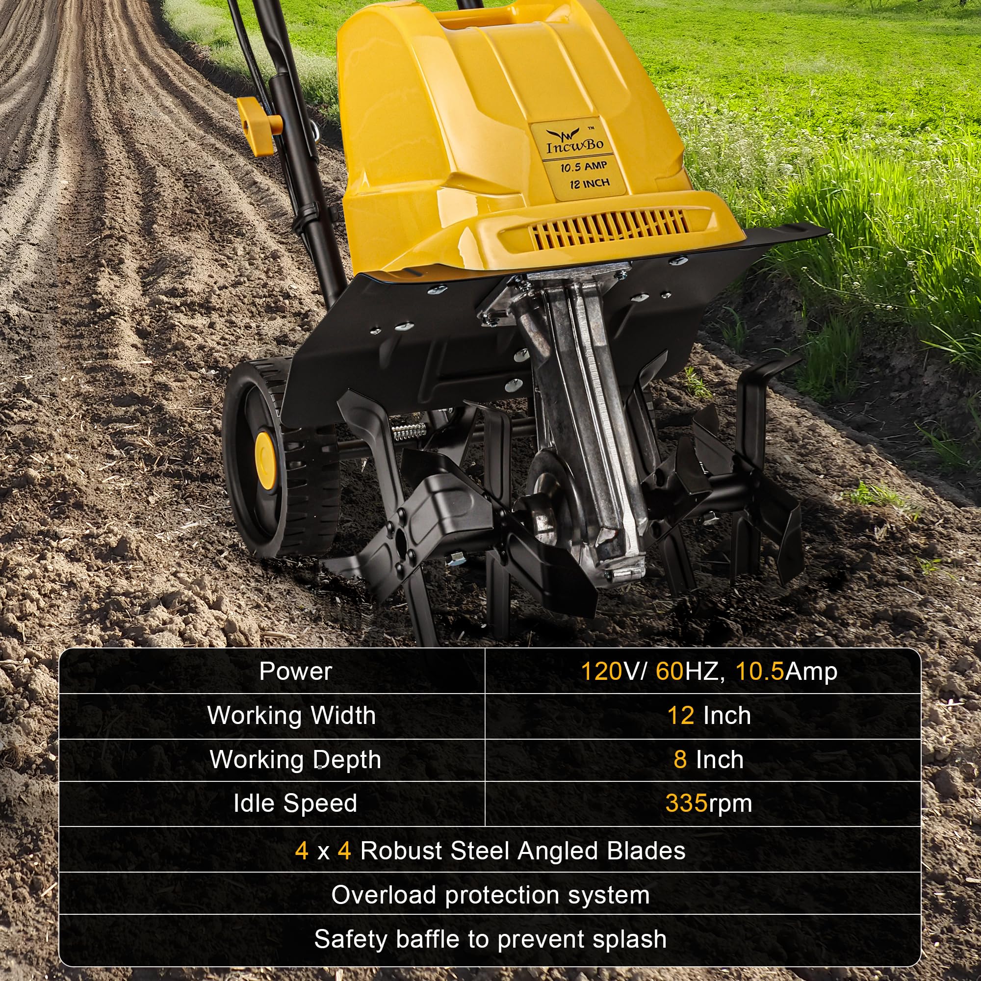 IncwBo rototiller blends soil with fertilizers for rich planting beds.