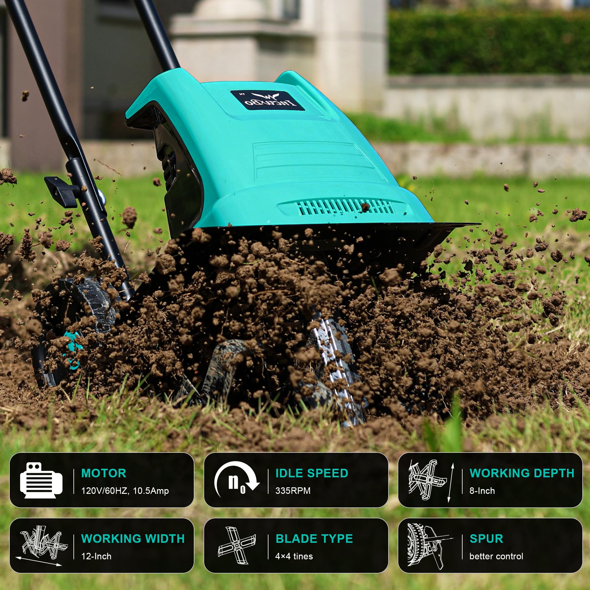 IncwBo rototiller demonstrates 8-inch cutting depth in soil