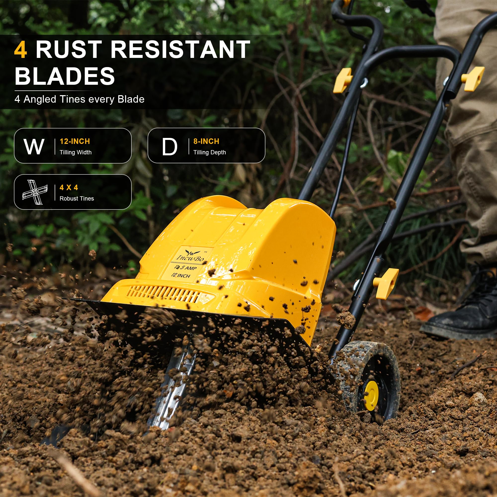 IncwBo corded rototiller with start button for quick operation.