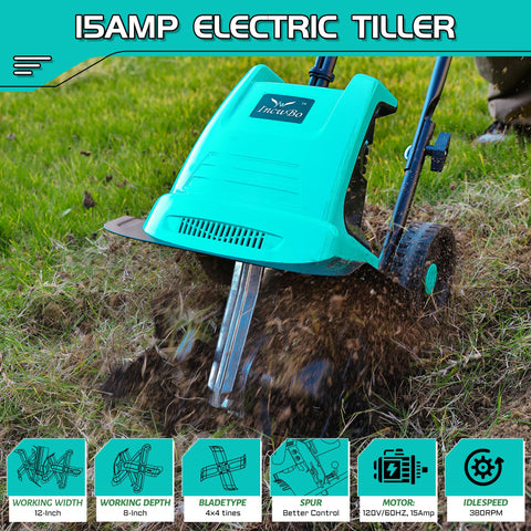 IncwBo 12-inch wide tilling action for efficient garden bed prep.