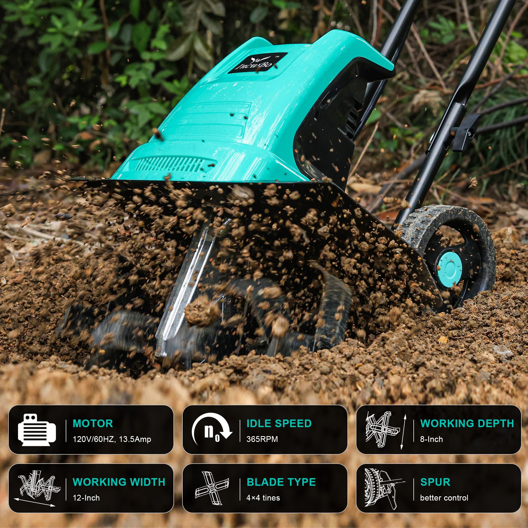 IncwBo tiller side view with adjustable wheel for easy transport.