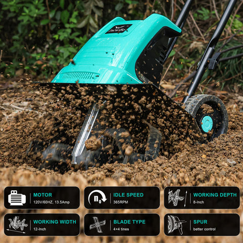 IncwBo tiller side view with adjustable wheel for easy transport.