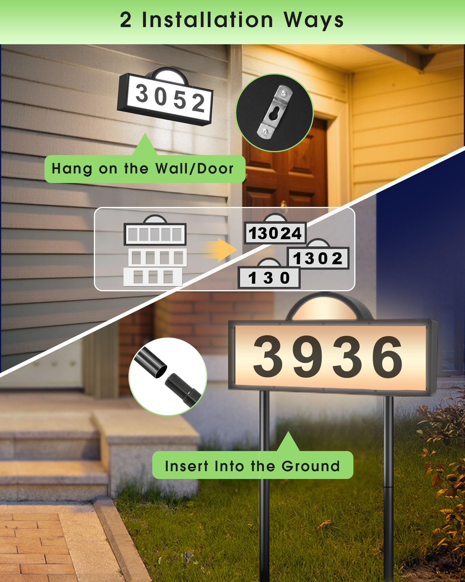 INDARUN solar address sign with ground stake option for yard placement