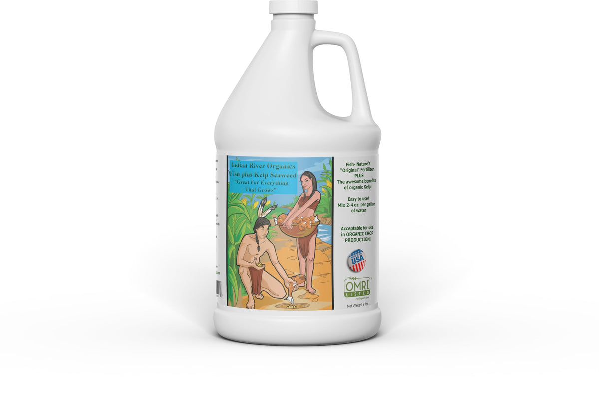 Indian River Organics Fish Plus Kelp concentrate bottle boosts soil health and plant vitality.