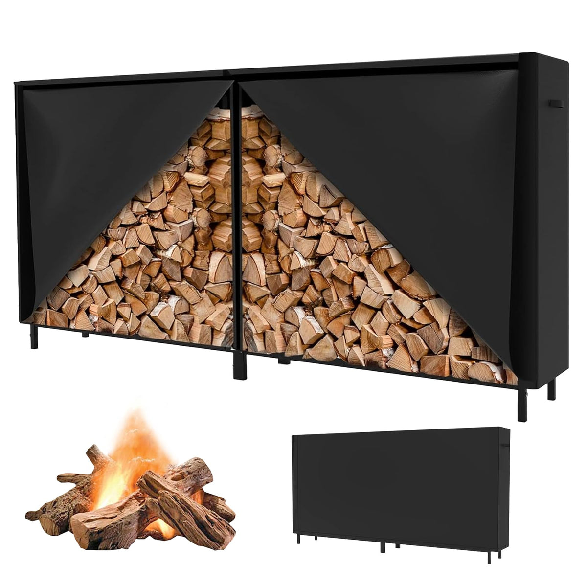 INEDRIMS 8Ft Firewood Rack Cover with front zipper protects stacked logs in any weather.