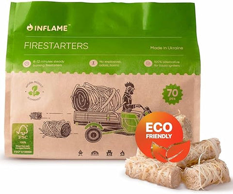 Inflame fire starters 70pcs box, ready to spark wood or charcoal.